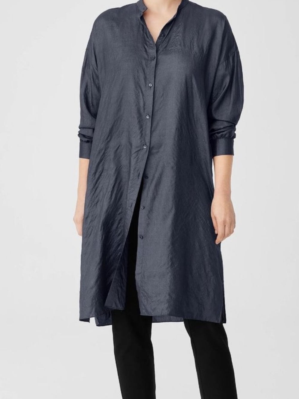 Eileen Fisher Gray Blue Silk Long Button Front Tunic Shirt Jacket